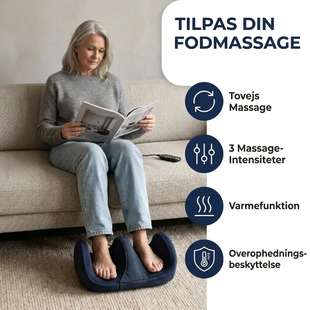 AVA fod- og lægmassager i mørkeblå brugt siddende i sofa med varmefunktion