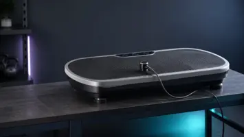 Sort og sølvfarvet vibrationsplade med målesensor på en mørk testbænk