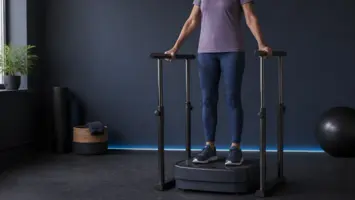 Kvinde træner stående på vibrationsplade mellem to støttegelændere