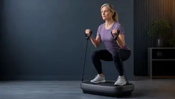 Kvinde laver en kontrolleret squat på vibrationsplade med elastikhåndtag