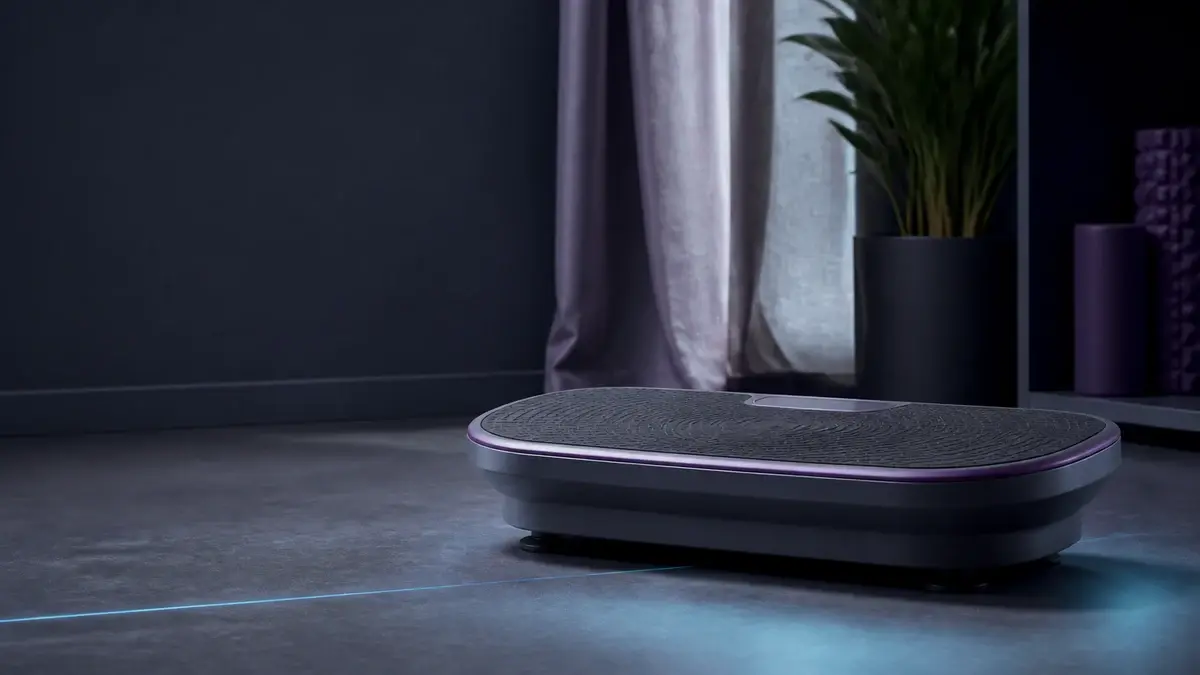 Kompakt buet vibrationsplade med lilla kant i et roligt hjemmetræningsrum