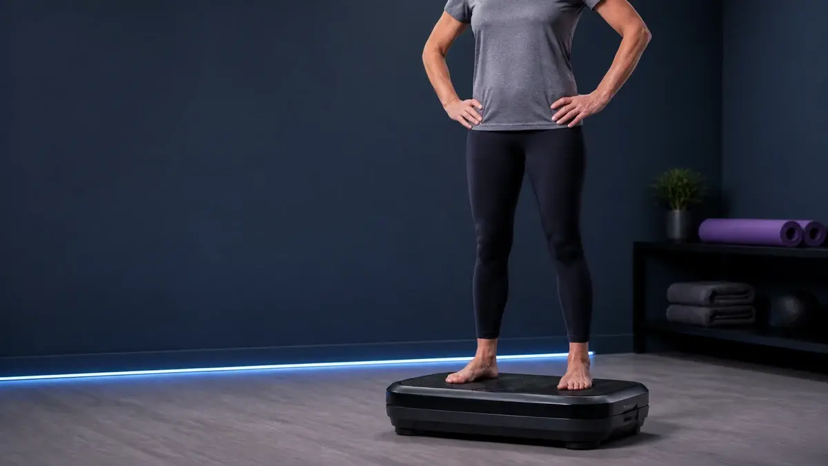Person står med let bøjede knæ og bare fødder på vibrationsplade