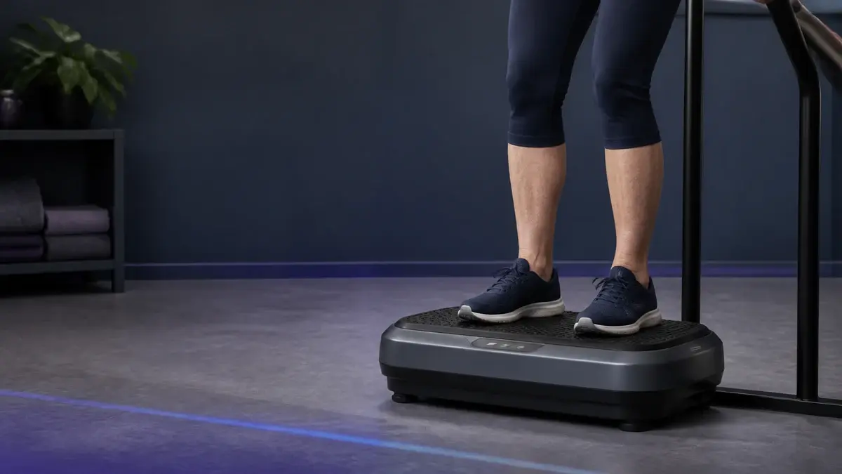 Ben i træningssko på en vibrationsplade ved et støttegelænder