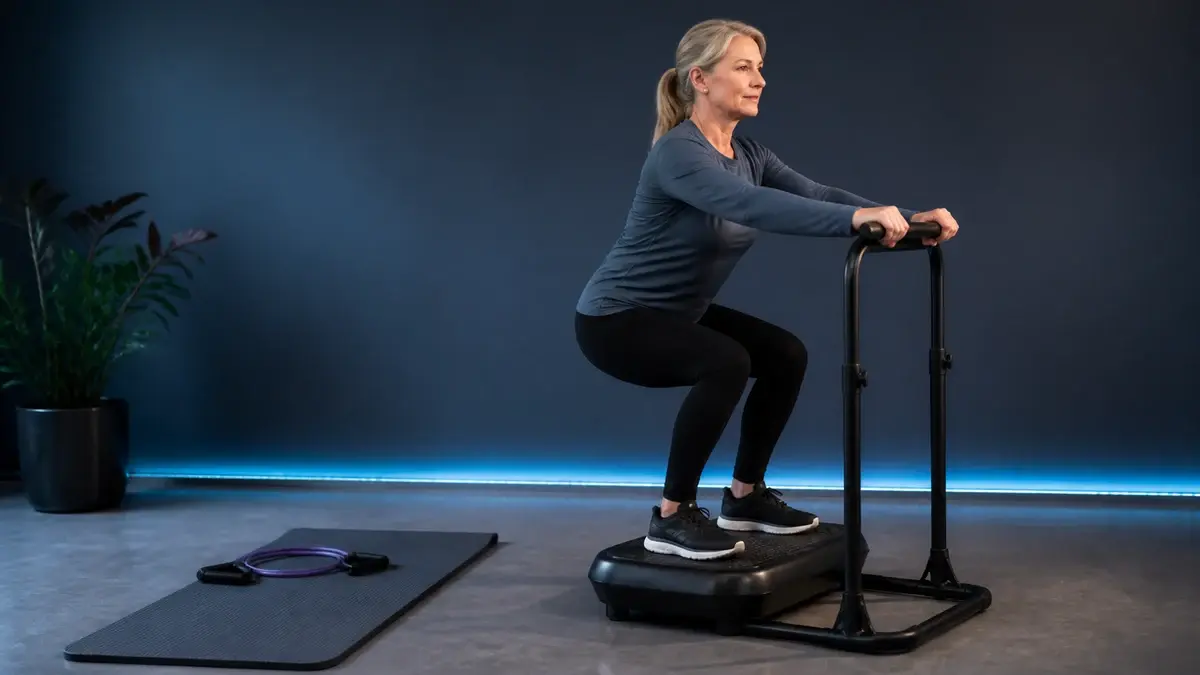 Kvinde laver squat på vibrationsplade med støttegelænder