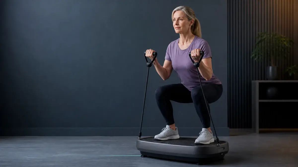 Kvinde laver en kontrolleret squat på vibrationsplade med elastikhåndtag