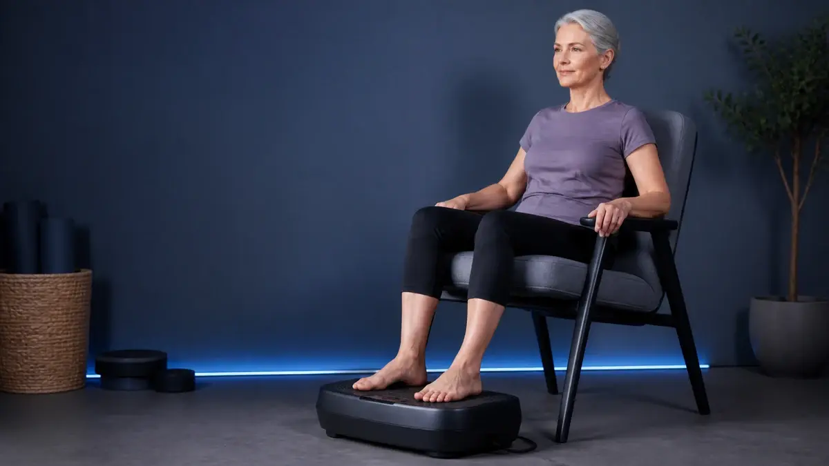 Ældre kvinde sidder på en stol med bare fødder på en vibrationsplade